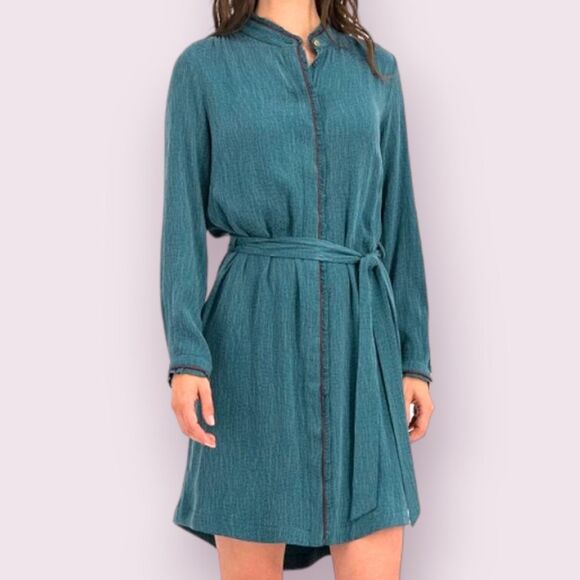 POM AMSTERDAM Teal Midi Dress Sz 4 Relaxed Fit High Neck Long Sleeve Lagenlook - Picture 1 of 11